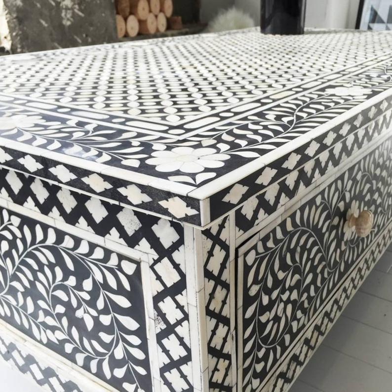 Bone Inlay 2 Drawers Small Console Table in Black color with Free ...